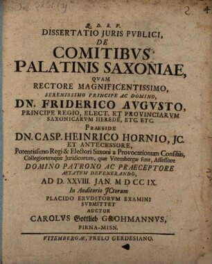 Dissertatio Iuris Publici De Comitibus Palatinis Saxoniae
