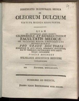Dissertatio Inauguralis Medica De Oleorum Dulcium Virtute Medica Resolvente