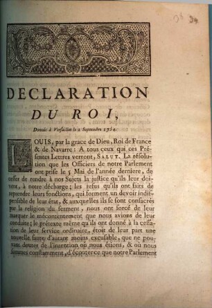 Declaration Du Roi, Donnée à Versailles le 2 Septembre 1754