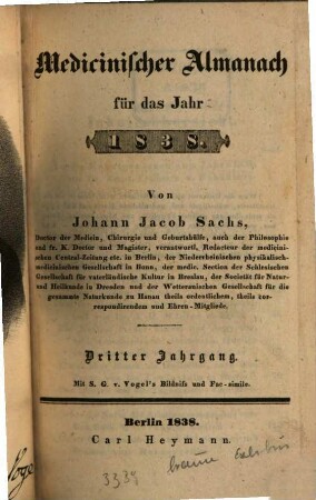 Sachs' medicinischer Almanach. 1838 = Jg. 3