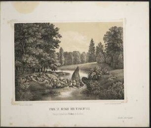 [Bl. 7] : Park zu Muskau. Der Wasserfall, Stahlstich, um 1867 : Ansichten aus dem Park zu Muskau / [Naturz. u. lith. v. Arldt]. - Muskau i./d. Ober-Lausitz : Ahner ; Dresden : Braunsdorf , [circa 1867]. - [22] Bl. : überw. Ill. ; quer-8°. - Ausg. mit 21 Stahlstichen