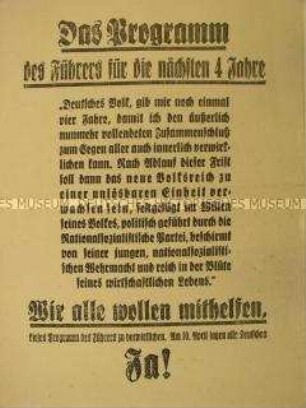 Propagandaflugblatt der NSDAP zur Volksabstimmung am 10. April 1938