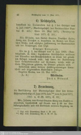 7) Verordnung, die Ausführung des Bundesgesetzes über den Unterstützungswohnsitz v. 6. Juni 1870. betr. vom 6. Juni 1871