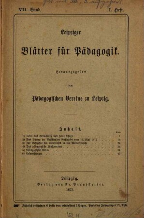 Leipziger Blätter für Pädagogik. 7,1/3. 1873