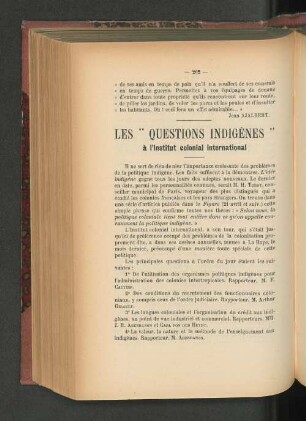 Les "Questions Indigènes" à l'Institut colonial international.