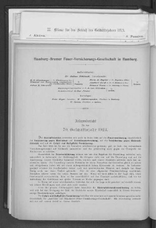 Jahresbericht für das 70. Geschäftsjahr 1921.