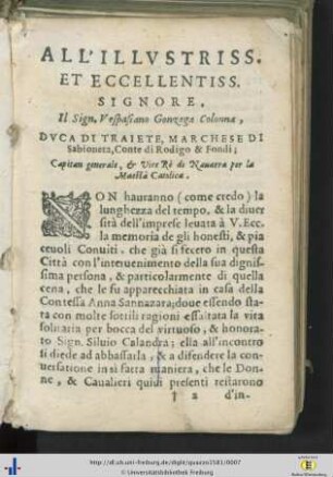 All‘ illustriss. et excellentiss. signore, Il Sign. Vespasiano Gonzaga Colonna…