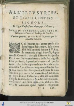 All‘ illustriss. et excellentiss. signore, Il Sign. Vespasiano Gonzaga Colonna…