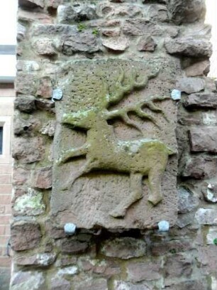 Stadtbefestigung-Vorderstadt-ehemaliges Böckles- (oder Unter-) Tor - Werkstein des 1830 abgebrochenen Tores mit dem Böckle (Hirsch) an Mauerrest
