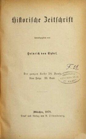 Historische Zeitschrift : HZ. 39. 1878