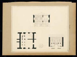Treppe Monatskonkurrenz Dezember 1828: Grundriss, Aufriss Vorderansicht und Seitenansicht, jeweils mit Querschnitt durch beide Stockwerke mit Wanddekoration; Maßstabsleiste