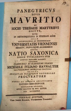 Panegyricus Divis Mauritio et Sociis Thebaeis Martyribus