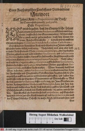 Eines Augspurgischen Confessions-Verwandtens Antwort Auff Jodoci Kedd 12. Propositiones, im Buch/ die Sonnenstadt genandt/ post praefat.