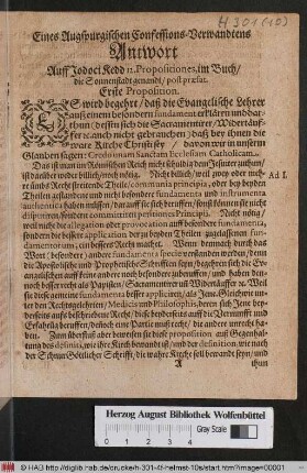 Eines Augspurgischen Confessions-Verwandtens Antwort Auff Jodoci Kedd 12. Propositiones, im Buch/ die Sonnenstadt genandt/ post praefat.