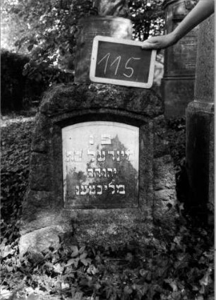 Grabstein 115 (Index: 100111238) Material: Granit Zustand: gut, Aufsatz fehlt Maße HxBxT: 70x60x51 cm Beschreibung: Stele, rustica, Segmentbogenabschluß, zwei Schriftplatten: Grabstein 115 (1)