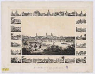 Erinnerung an Dresden (Ansicht von Dresden mit 24 Einzelansichten), Lithographie, nach 1854 : Arldt, C. W.: Erinnerung an Dresden (Ansicht von Dresden mit 24 Einzelansichten). Dresden: Meysel nach 1854, 54,5 x 39,3 cm (Lithogr., zweifarb.)