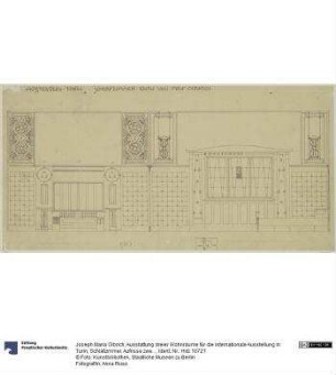 Ausstattung dreier Wohnräume für die internationale Ausstellung in Turin, Schlafzimmer, Aufrisse zweier Wände sowie kleine schematische Skizze des Plafonds