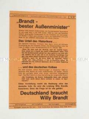 Propagandaflugblatt der SPD zur Arbeit und zum Ansehen von Willy Brandt als Außenminister des Bundsrepublik
