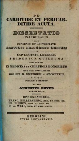De carditide et pericarditide acuta : dissertatio inauguralis
