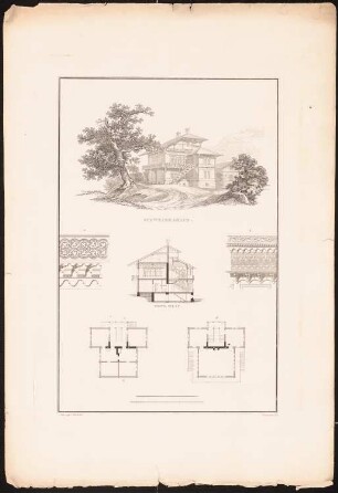 Schweizerhaus: Grundrisse, Perspektivische Ansicht, Querschnitt, Details (aus: Architektonische Entwürfe aus der Sammlung des Architektenvereins zu Berlin, H.2, 1835)