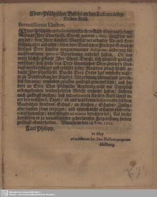 Chur-Pfältzischer Befehl an den Reformirten Kirchen-Rath : ... Mannheim den 28. Febr. 1721