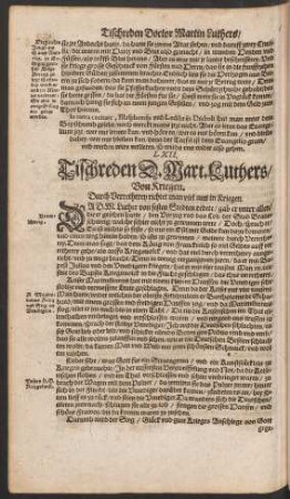 LXII. Tischreden D. Mart. Luthers/ Von Kriegen.