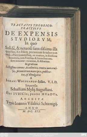 Tractatus Theorico-Practicus De Expensis Studiorum : In quo Solide, & nervose famosissima illa quaestio; An Filius pecuniam Studiorum causa a Patre transmissam, eo mortuo, in divisione bonorum, cum Fratribus & Sororibus conferre teneatur: excutitur, & discutitur