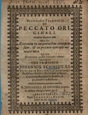Disputatio Theologica De Peccato Originali : Occasione exēgēseōs dicti, Psal. 51. v. 7. ...