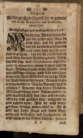 Vorsprach An den großgünstigen Leser in gemein/ und an alle Buchhändler und Buchdrucker insonderheit.