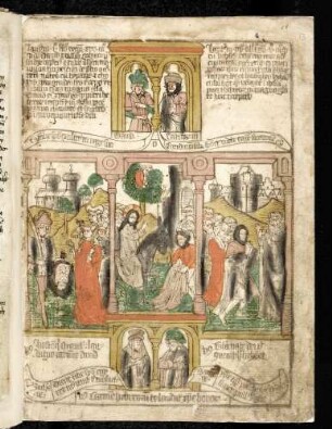 (1) Antitypus: Einzug Christi in Jerusalem; Typen: (2) David bringt das Haupt Goliaths nach Jerusalem; (3) Die Söhne der Propheten empfangen Elisa ; (4) Propheten-Brustbilder