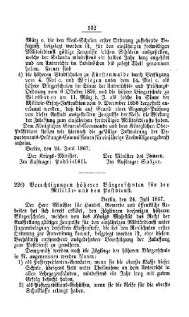 Berechtigungen höherer Bürgerschulen für den Militär- und den Postdienst : [III. Gymnasien und Real-Schulen]