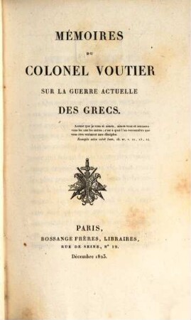 Mémoires du Colonel Voutier sur la guerre actuelle des Grecs