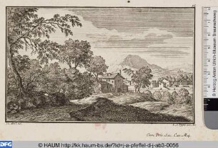 Dorf in bergiger Landschaft mit Reiter