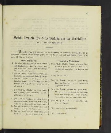 Bericht über die Preis-Vertheilung auf der Ausstellung am 17. und 18. April 1844.