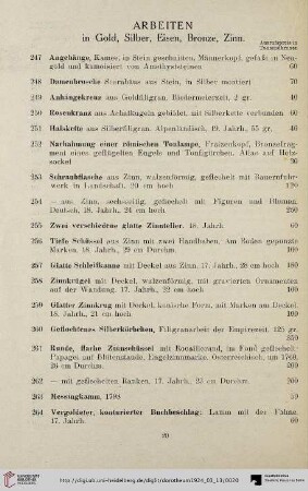 Arbeiten in Gold, Silber, Eisen, Bronze, Zinn (Nr. 247-275)