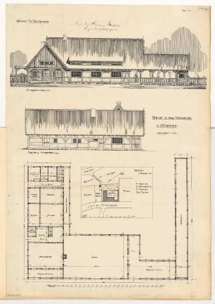 Wirtshaus im Spreewald Monatskonkurrenz Dezember 1908: Lageplan 1:1000; Grundriss Erdgeschoss, Aufriss Straßenansicht, Gartenansicht 1:100; 2 Maßstabsleisten