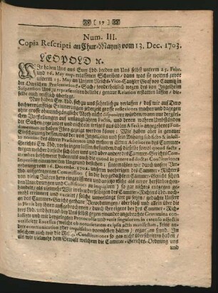 Num. III. Copia Rescripti an Chur-Mayntz vom 13. Dec. 1703.