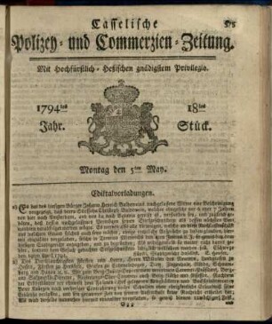 18tes Stueck, Montag den 5ten May 1794
