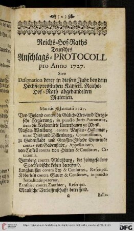 Reichs-Hof-Raths Teutsches Anschlags-Protocoll, pro Anno 1727