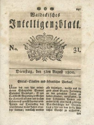 No. 31, Dienstag, den 5ten August 1800