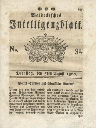 No. 31, Dienstag, den 5ten August 1800