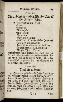 Num. 61. Ein anderer koestlicher Wund-Tranck oder Kraeuter-Wein - Num. 120. Guten Wermuth-Wein zu machen