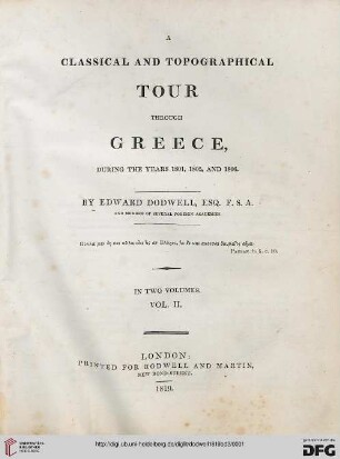 Band 2: A classical and topographical tour through Greece, during the years 1801, 1805, and 1806: in two volumes