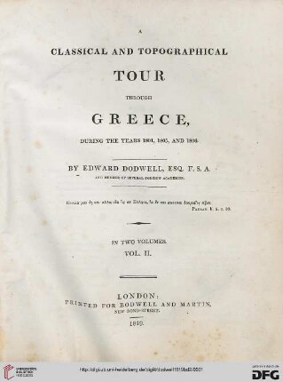 Band 2: A classical and topographical tour through Greece, during the years 1801, 1805, and 1806: in two volumes