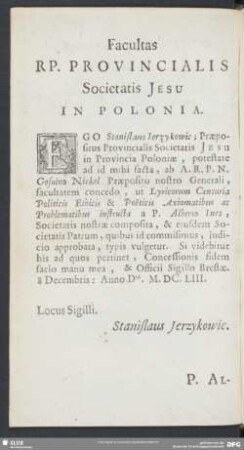 Facultas Rp. Provincialis Societatis Jesu In Polonia