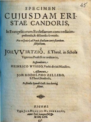 Specimen cuiusdam Eristae candoris in evangelicarum ecclesiarum concordia impedienda et discordia fovenda