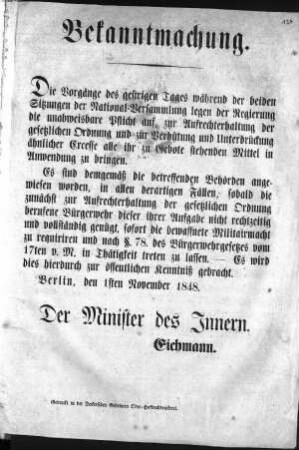Bekanntmachung. Die Vorgänge des gestrigen Tages während der beiden Sitzungen [...] (Sammlung Friedlaender)