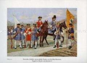 Uniformdarstellung, Infanteristen und Kavalleristen aus Kurbayern, Kursachsen und Königreich Preußen, 1701/1713.