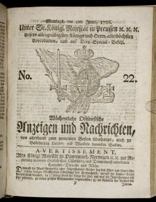 No. 22. Montags, den 2ten Junii, 1766.