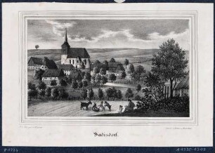 Blick auf Sadisdorf (Schmiedeberg) mit der Kirche (aus: Sachsens Kirchengalerie 1840)